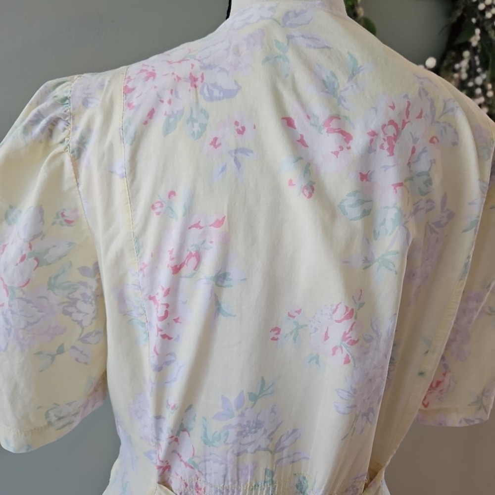 Vintage Style Yellow Floral Puff Sleeve Midi Dress Pastel Tea Party Cottagecore - Picture 5 of 8
